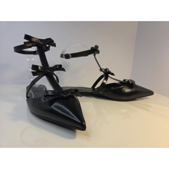 Garavani Valentino EU 37.5 Black Leather Flat Sandals French Bows & Ankle Strap - Picture 1 of 16
